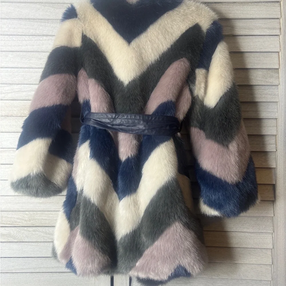 Imoga Faux Fur Coat Girls Size 4 Chevron Belted Jacket HTF Boutique